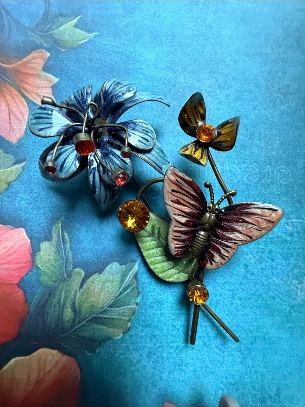Large Metal Hand-Painted Butterfly & Flower Brooch Set - Multicolor